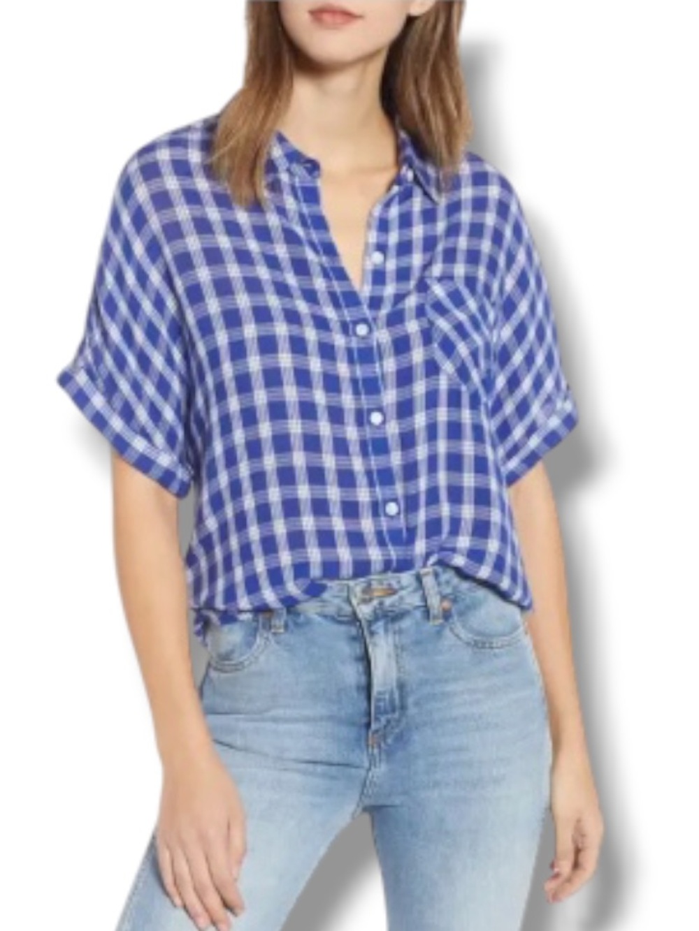 BP. Women’s Plaid Dolman Blue Collared Short Sleeve Button Down Western Top